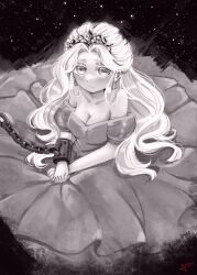 Rule 34 | 1girl, arisu art, bare shoulders, breasts, chain, chained, cleavage, cuffs, dress, greyscale, highres, long hair, looking at viewer, medium breasts, monochrome, princess (slay the princess), shackles, shadow, signature, slay the princess, solo, tiara, white hair