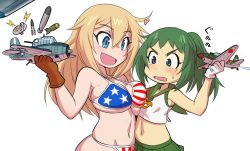 Rule 34 | 10s, 2girls, american flag bikini, american flag print, armpits, asymmetrical docking, bikini, blonde hair, blue eyes, blush, bomb, breast awe, breast envy, breast press, breasts, character request, chibi, crop top, curvy, explosive, female focus, flag print, furrowed brow, girls und panzer, gloves, gluteal fold, green hair, hair between eyes, happy, heart, holding, japanese text, jewelry, kay (girls und panzer), large breasts, lightning bolt symbol, long hair, looking at another, looking at breasts, looking down, midriff, mikoyan, model airplane, multiple girls, navel, necklace, open mouth, ponytail, print bikini, satellite dish, shiny skin, simple background, skindentation, skirt, small breasts, smile, standing, stomach, sweatdrop, swimsuit, tareme, toy airplane, underwear, united states, upper body, v-shaped eyebrows, white background