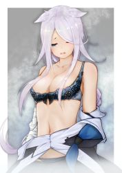 Rule 34 | 1girl, absurdres, blue eyes, blush, bra, braid, breasts, hair ornament, highres, kantai collection, large breasts, long hair, looking at viewer, looking down, mole, mole under eye, neckerchief, one eye closed, open clothes, open mouth, school uniform, silver hair, single braid, smoke, solo, terebi-, umikaze (kancolle), underwear, very long hair