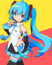 Rule 34 | 1girl, ahoge, black skirt, black sleeves, black thighhighs, blue eyes, blue hair, blue necktie, breasts, closed mouth, collared shirt, commentary request, detached sleeves, hair between eyes, hand up, hatsune miku, highres, long hair, long sleeves, looking at viewer, mamagogo (gomaep), necktie, pleated skirt, red background, shirt, skirt, sleeveless, sleeveless shirt, small breasts, smile, solo, thighhighs, tie clip, twintails, two-tone background, very long hair, vocaloid, white shirt, wide sleeves, yellow background