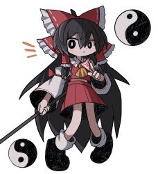 Rule 34 | ascot, between fingers, black eyes, black footwear, black hair, blush, bow, chibi, closed mouth, detached sleeves, dress, full body, hair bow, hakurei reimu, highres, holding, holding pole, light frown, long hair, looking at viewer, motion lines, nontraditional miko, ofuda, ofuda between fingers, orb, pole, red bow, red dress, simple background, touhou, very long hair, white background, white sleeves, yellow ascot, yin yang, yin yang orb, zunusama