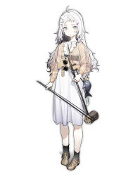 Rule 34 | 1girl, :|, absurdres, ahoge, alver, animal bag, bow (music), brown footwear, closed mouth, commentary request, dress, flat chest, frilled dress, frilled socks, frills, full body, grey eyes, grey socks, hair ornament, hairclip, highres, holding, holding bow (music), holding instrument, instrument, instrument request, long hair, long sleeves, looking at viewer, mary janes, original, pigeon-toed, puffy long sleeves, puffy sleeves, round eyewear, see-through, see-through shirt, shark, shirt, shoes, short bangs, simple background, sleeveless, sleeveless dress, socks, solo, standing, sunglasses, thick eyelashes, underbust, white background, white dress, white hair, yellow shirt