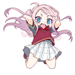 Rule 34 | 1girl, arms up, black shirt, blue eyes, blush stickers, bow, bowtie, brown footwear, checkered clothes, checkered skirt, commentary request, grey socks, jumping, legs, long hair, looking at viewer, love live!, love live! nijigasaki high school idol club, midair, open mouth, petite, pink hair, pleated skirt, red bow, red bowtie, red vest, shinanoya (satanicad), shirt, short sleeves, sidelocks, skirt, smile, socks, solo, thighs, upper body, v-shaped eyebrows, vest, white background, white skirt, wings, zhong lanzhu