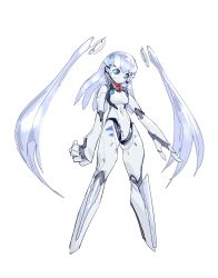 Rule 34 | 1girl, absurdres, black sclera, blue eyes, blue hair, colored sclera, full body, glowing, glowing eyes, highres, humanoid robot, joints, long hair, looking at viewer, no feet, original, oversized forearms, oversized limbs, robot, robot joints, shizuoxing kof, solo, standing, twintails, very long hair, white background