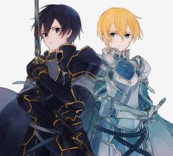 Rule 34 | 2boys, armor, black armor, black cape, black eyes, black hair, blonde hair, blue armor, blue cape, blue flower, blue rose, blue rose sword, cape, closed mouth, commentary request, dual wielding, eugeboy zzzzz, eugeo, flower, green eyes, grey background, hair between eyes, highres, holding, holding sword, holding weapon, kirito, knight, looking at viewer, male focus, multiple boys, rose, sheath, sheathed, short hair, simple background, sword, sword art online, sword art online: alicization, weapon