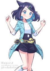 1girl black_hair black_shorts blue_eyes blue_hair blue_jacket blush closed_mouth colored_inner_hair creatures_(company) game_freak hair_ornament hairclip highres jacket liko_(pokemon) multicolored_hair nintendo oka_3776 open_clothes open_jacket pokemon pokemon_(anime) pokemon_horizons shirt short_hair shorts smile solo three-quarter_sleeves twitter_username white_background white_shirt