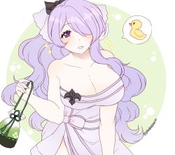 Rule 34 | 1girl, bad id, bad twitter id, bare shoulders, breasts, camilla (fire emblem), cleavage, fire emblem, fire emblem fates, fire emblem heroes, hair over one eye, large breasts, long hair, naked towel, nintendo, parted lips, plushcharm, purple eyes, purple hair, rubber duck, simple background, solo, towel, twitter username, upper body
