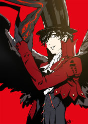 Rule 34 | 10s, 1boy, amamiya ren, arsene (persona 5), arsene (persona 5) (cosplay), black hair, club3, cosplay, gloves, hat, highres, looking at viewer, male focus, mask, official style, persona, persona 5, short hair, smile, solo, top hat, wings