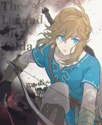 Rule 34 | 1boy, ahoge, armor, arrow (projectile), belt, blonde hair, blue eyes, blue shirt, boots, bow (weapon), bracer, brown belt, brown footwear, brown gloves, closed mouth, copyright name, earrings, gloves, highres, holding, holding arrow, holding bow (weapon), holding weapon, jewelry, layered sleeves, link, long sleeves, looking to the side, male focus, medium hair, messy hair, nintendo, pants, pointy ears, quiver, shirt, short over long sleeves, short sleeves, sidelocks, solo, sword, sword behind back, the legend of zelda, the legend of zelda: breath of the wild, weapon, white pants, xi yuu