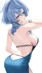 Rule 34 | 1girl, ako (blue archive), ako (dress) (blue archive), ass, backless dress, backless outfit, black hairband, blue archive, blue dress, blue eyes, blue hair, blue halo, blush, breasts, butt crack, cowboy shot, dress, earrings, hairband, halo, highres, jewelry, large breasts, long hair, looking at viewer, official alternate costume, open mouth, simple background, sleeveless, sleeveless dress, solo, usuke (u skeeep), white background