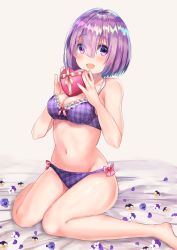 Rule 34 | 1girl, :d, alternate costume, bare arms, bare legs, bare shoulders, barefoot, bed sheet, blush, bow, bow bra, bow panties, box, bra, breasts, brown background, cleavage, fate/grand order, fate (series), fingernails, flower, gift, gift box, hair between eyes, heart-shaped box, holding, holding gift, looking at viewer, mash kyrielight, medium breasts, navel, open mouth, panties, petals, plaid, plaid bra, plaid panties, purple bra, purple eyes, purple flower, purple hair, purple panties, short hair, sitting, smile, solo, thighs, tomu (zundaizu106), underwear, underwear only, valentine, wariza, white flower, yellow flower