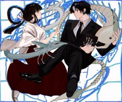 Rule 34 | 1boy, 1girl, absurdres, black eyes, black footwear, black hair, blunt bangs, blunt ends, book, chrollo lucilfer, crossed legs, crossover, earrings, formal, hakama, headband, highres, holding, holding book, hunter x hunter, indoor fish, inuyasha, japanese clothes, jewelry, kikyou (inuyasha), long hair, looking at another, low ponytail, midair, miko, miko hxh, red hakama, sandals, shinidamachuu, short hair, suit