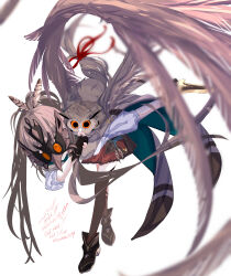 1girl absurdres ahoge artist_name bird bird_wings brown_capelet brown_cloak brown_eyes brown_feathers brown_hair brown_wings capelet cloak dated feather_hair_ornament feathered_wings feathers gloves hair_ornament hair_ribbon highres holding holding_sword holding_weapon hololive hololive_english hootsie_(nanashi_mumei) long_hair mask masquerade_mask multicolored_hair nanashi_mumei nanashi_mumei_(1st_costume) owl ponytail red_ribbon ribbon shirt simple_background smile streaked_hair sword tatsunami1379 very_long_hair virtual_youtuber weapon white_background white_shirt wings