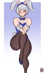 Rule 34 | 1girl, absurdres, alternate costume, animal ears, bare shoulders, blue bow, blue bowtie, blue footwear, blush, bow, bowtie, breasts, cleavage, crossed legs, detached collar, elizabeth (persona), fake animal ears, fishnet pantyhose, fishnets, grey hair, hands on own knees, heart, heart-shaped pupils, high heels, highres, leotard, looking at viewer, medium breasts, one eye closed, pantyhose, persona, persona 3, playboy bunny, rabbit ears, rabbit tail, scruffyturtles, short hair, sitting, smile, solo, symbol-shaped pupils, tail, wrist cuffs, yellow eyes
