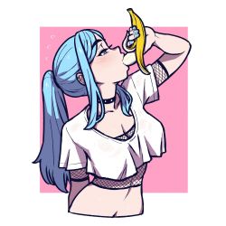 Rule 34 | 1girl, akairiot, banana, blue eyes, blue hair, blue nails, blush, border, breasts, choker, cleavage, collarbone, commentary, crop top, cropped torso, ear piercing, eating, english commentary, fellatio, fishnet sleeves, fishnet top, fishnets, food, fruit, half-closed eyes, highres, holding, holding food, holding fruit, iru may (akairiot), long hair, medium breasts, nail polish, navel, oral, original, piercing, pink background, ponytail, sexually suggestive, shirt, short sleeves, sidelocks, simple background, simulated fellatio, solo, sweat, upper body, white border, white shirt