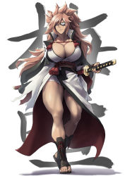 Rule 34 | 1girl, absurdres, amputee, baiken, bandages, big hair, breasts, brown eyes, brown hair, cleavage, eyepatch, facial tattoo, guilty gear, guilty gear strive, highres, huge breasts, japanese clothes, katana, kimono, long hair, looking at viewer, muscular, muscular female, one-eyed, open clothes, open kimono, packge, ponytail, samurai, sash, scar, scar across eye, scar on face, simple background, solo, sword, tattoo, weapon