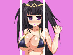 Rule 34 | 1girl, bad anatomy, bad hands, bare shoulders, bikini, bikini top only, black hair, blush, breasts, breasts squeezed together, cleavage, fire emblem, fire emblem awakening, fourth wall, large breasts, long hair, micro bikini, nintendo, out of frame, poorly drawn, purple eyes, shiny skin, sideboob, skindentation, solo, storeithuo, swimsuit, tharja (fire emblem), two side up, underboob