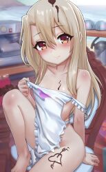 Rule 34 | 1girl, apron, bare shoulders, blonde hair, blush, box, box of chocolates, breasts, candy, carbon12th, chocolate, chocolate heart, chocolate on body, chocolate on head, collarbone, commentary, english commentary, fate/kaleid liner prisma illya, fate (series), food, food on body, gift, gift box, hair between eyes, heart, highres, illyasviel von einzbern, knee up, long hair, looking at viewer, naked apron, off shoulder, red eyes, sidelocks, sitting, small breasts, smile, solo, sweat, sweatdrop, thighs, valentine, white apron