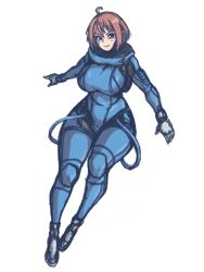 Rule 34 | 1girl, ahoge, blue eyes, breasts, brown hair, brups tv, commentary, covered navel, floating, gloves, grey gloves, hair between eyes, highres, large breasts, looking at viewer, open hands, original, short hair, sketch, smile, solo, space girl (brups tv), spacesuit, symbol-only commentary, v-shaped eyebrows, white background, wire