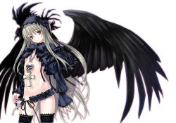 Rule 34 | 00s, 1girl, belt, belt skirt, black thighhighs, black wings, breasts, cross, female focus, goth fashion, gothic lolita, grey nails, hairband, jewelry, latin cross, lolita fashion, long hair, matsuryuu, nail polish, navel, necklace, no panties, nude, rozen maiden, skull, small breasts, solo, suigintou, thighhighs, underboob, very long hair, wings