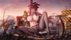 Rule 34 | 1girl, animal ears, arknights, arm support, backpack, bag, binggong asylum, black pantyhose, black ribbon, blurry, blurry background, blurry foreground, blush, bottle, breasts, brown hat, cameltoe, chinese commentary, claw pose, cleavage, cleft of venus, closed mouth, collarbone, commentary request, crop top, dawn, depth of field, embarrassed, english text, expressionless, eyelashes, feet, film grain, floating hair, full-length zipper, gloves, hair flowing over, hair ribbon, hand up, hat, headlamp, heel up, highres, jacket, knees, knees up, lactation, large breasts, legs, lens flare, light particles, long hair, long sleeves, looking at viewer, minecraft, minecraft pickaxe, mountainous horizon, nipples, no bra, no panties, no shoes, off shoulder, on ground, open clothes, open jacket, outdoors, pantyhose, power lines, purple eyes, purple hair, rabbit ears, rabbit girl, railroad tracks, ray (arknights), red bag, red hair, ribbon, rock, see-through, see-through legwear, shade, shadow, short sleeves, sign, simple bird, sitting, sky, solo, sparks, spread legs, stomach, straight hair, thighs, toenails, toes, toned, topless, torn clothes, utility pole, variant set, very long hair, visor cap, warning sign, yellow gloves, yellow sky, zipper