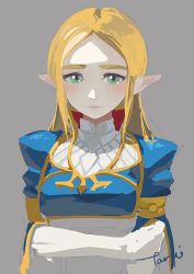 Rule 34 | 1girl, blonde hair, green eyes, grey background, long hair, looking at viewer, nintendo, open mouth, parted bangs, pointy ears, princess, princess zelda, signature, solo, straight hair, tarai (silica5), the legend of zelda, the legend of zelda: breath of the wild, thick eyebrows, turtleneck, upper body
