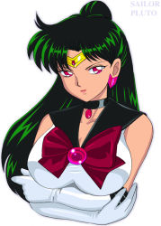 Rule 34 | 1990s (style), 1girl, bishoujo senshi sailor moon, black neckwear, bow, breast hold, breasts, character name, choker, crossed arms, dark-skinned female, dark skin, earrings, elbow gloves, gloves, green hair, hair bun, half updo, jewelry, large breasts, lipstick, long hair, magical girl, makeup, meiou setsuna, pirochi, red bow, red eyes, retro artstyle, sailor pluto, single hair bun, solo, tiara, white background, white gloves