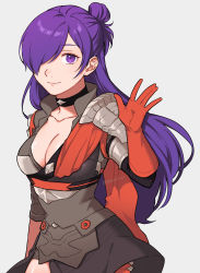 Rule 34 | 1girl, armor, asymmetrical clothes, black choker, black dress, breasts, cape, choker, cleavage, collarbone, commentary request, dress, fire emblem, fire emblem: three houses, fire emblem warriors: three hopes, floating hair, gloves, grey background, hair bun, hair over one eye, highres, long hair, looking at viewer, medium breasts, nintendo, one eye covered, orange cape, orange gloves, peach11 01, purple eyes, purple hair, shez (female) (fire emblem), shez (fire emblem), shoulder armor, simple background, single hair bun, smile, solo, twitter username