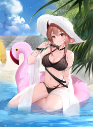 Rule 34 | 1girl, absurdres, bare shoulders, beach, bikini, black bikini, black choker, breasts, brown hair, choker, cleavage, cloud, cticket, day, food, halterneck, hat, highres, holding, horns, inflatable flamingo, inflatable toy, large breasts, long hair, looking at viewer, navel, original, outdoors, parted lips, popsicle, red eyes, shawl, smile, solo, stomach, sun hat, swimsuit, thighs, water, white hat, wristband