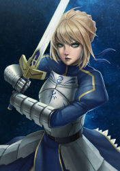 Rule 34 | 1girl, ahoge, armor, artoria pendragon (fate), blonde hair, blue theme, cowboy shot, excalibur (fate/stay night), fate/stay night, fate (series), faulds, fighting stance, gauntlets, green eyes, highres, penator, saber (fate), sky, solo, star (sky), starry sky, sword, weapon