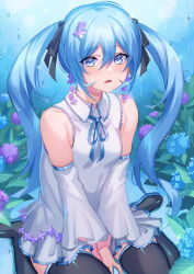 Rule 34 | 1girl, black footwear, black ribbon, blue eyes, blue hair, blue ribbon, blue trim, boots, collared shirt, detached sleeves, earrings, flower, hair between eyes, hair ribbon, hatsune miku, highres, hydrangea, inue ao, jewelry, long hair, long sleeves, miniskirt, neck ribbon, outdoors, pleated skirt, rain, ribbon, shirt, sitting, skirt, sleeveless, sleeveless shirt, solo, thigh boots, thighhighs, twintails, vocaloid, wariza, wet, wet hair, white shirt, white skirt, white sleeves, wing collar, zettai ryouiki