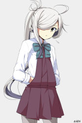 Rule 34 | 1girl, ahoge, asashimo (kancolle), brown dress, commentary request, dress, gradient background, grey background, grey eyes, grey pantyhose, hair over one eye, halterneck, kantai collection, long hair, looking at viewer, moti coi, one-hour drawing challenge, pantyhose, ponytail, purple pantyhose, school uniform, shirt, silver hair, solo, white shirt