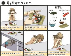 Rule 34 | 1girl, bowl, brown eyes, comic, drill hair, facepalm, failure, fetal position, food, how to, how to make sushi (meme), idolmaster, idolmaster cinderella girls, kino-sr, light brown hair, meme, morikubo nono, parody, partially translated, rice, rice bowl, salmon, seaweed, solo, soy sauce, sushi, translation request, under table