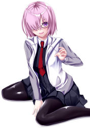 Rule 34 | 1girl, :d, between legs, black-framed eyewear, black dress, black pantyhose, blush, cardigan, dress, eyes visible through hair, fate/grand order, fate (series), glasses, hair over one eye, hand between legs, mash kyrielight, necktie, open cardigan, open clothes, open mouth, pantyhose, pink hair, pleated dress, purple eyes, red necktie, shiny clothes, shirakawa (pixiv21273343), short dress, short hair, simple background, sitting, smile, solo, white background