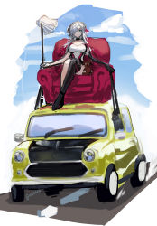 Rule 34 | 1girl, alternate costume, azur lane, black choker, blue eyes, breasts, choker, cleavage, commentary, english commentary, hair over one eye, highres, large breasts, mini cooper, mop, mr bean, multicolored hair, odin (azur lane), on vehicle, parody, pink hair, race queen, silver hair, single thighhigh, thighhighs, twitter username, two-tone leotard, usatorii, vehicle focus