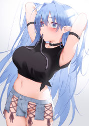 Rule 34 | 1girl, ahoge, arm strap, armpits, arms behind head, arms up, black choker, black shirt, blue eyes, blue hair, blue shorts, breasts, choker, cowboy shot, crop top, denim, denim shorts, groin, hair intakes, hair tie in mouth, highres, large breasts, long hair, midriff, mouth hold, navel, no panties, original, pointy ears, shirt, short sleeves, shorts, simple background, solo, stomach, tied shirt, very long hair, white background, zhaofeng yinyue