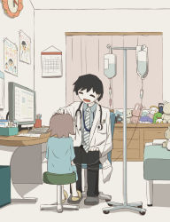 Rule 34 | 2boys, :d, absurdres, avogado6, bed, black hair, black pants, blue shirt, calendar (object), commentary request, desk, grey footwear, headpat, highres, hospital bed, indoors, intravenous drip, lab coat, long sleeves, monitor, multiple boys, necktie, open mouth, original, pants, shirt, shoes, sitting, slippers, smile, stool, stuffed animal, stuffed rabbit, stuffed toy