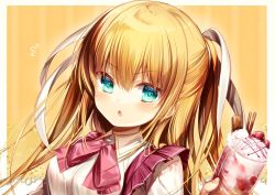 Rule 34 | 1girl, blonde hair, blue eyes, chestnut mouth, chi no, collared shirt, hair between eyes, hair ribbon, holding, little busters!, long hair, looking at viewer, open mouth, pink neckwear, ribbon, shirt, solo, striped, striped background, tokido saya, twintails, upper body, white background, white ribbon, white shirt, wing collar, yellow background