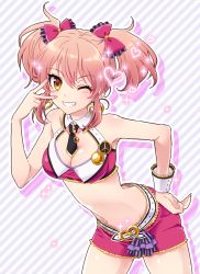 Rule 34 | 10s, 1girl, arched back, bare shoulders, belt, blush, bow, breasts, butt crack, cleavage, crop top, diagonal stripes, downpants, earrings, grin, hair bow, hand on own hip, heart, idolmaster, idolmaster cinderella girls, jewelry, jougasaki mika, large breasts, leaning forward, looking at viewer, midriff, mochiya marosuke, necktie, one eye closed, peace symbol, pink hair, skirt, smile, solo, sparkle, striped, striped background, twintails, v, v over eye, wrist cuffs, yellow eyes