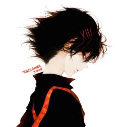 Rule 34 | 10s, 1boy, androgynous, awara kayu, black hair, black shirt, commentary request, copyright name, from side, hair between eyes, hair ornament, hairclip, looking at viewer, male focus, open mouth, red eyes, roman numeral, shirt, short hair, simple background, solo, stitches, suspenders, suzuya juuzou, tokyo ghoul, tokyo ghoul:re, white background, wind, x hair ornament