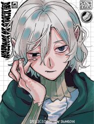 Rule 34 | 1boy, bags under eyes, black eyes, cloak, copyright name, dated, dungeon meshi, elf, english text, expressionless, finger to eye, gorget, green cloak, grey eyes, grey hair, grid background, highres, hood, hooded cloak, lazy eye, long sleeves, looking at viewer, male focus, mithrun, moku (l1ccldyctt43918), notched ear, pointy ears, portrait, shirt, short hair, solo, tunic, uneven eyes, wavy hair, white background