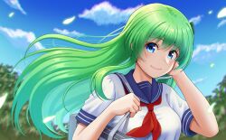 Rule 34 | 1girl, blue eyes, blue sailor collar, blue sky, closed mouth, cloud, commentary request, green hair, hand in own hair, highres, kochiya sanae, long hair, looking at viewer, neckerchief, outdoors, red neckerchief, sailor collar, school uniform, serafuku, sky, smile, solo, tatsu toyoyo, touhou, upper body, white serafuku