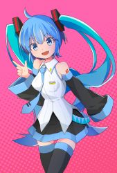 Rule 34 | 1girl, :d, ahoge, bare shoulders, black skirt, black sleeves, black thighhighs, blue eyes, blue hair, blue necktie, blush, breasts, collared shirt, commentary request, detached sleeves, hair ornament, halftone, halftone background, hand up, hatsune miku, highres, index finger raised, long hair, long sleeves, mamagogo (gomaep), necktie, open mouth, pleated skirt, shirt, skirt, sleeveless, sleeveless shirt, sleeves past wrists, small breasts, smile, solo, thighhighs, tie clip, twintails, very long hair, vocaloid, white shirt, wide sleeves