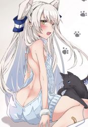 Rule 34 | 1girl, alternate costume, amatsukaze (kancolle), ass, backless outfit, bandaid, bandaid on leg, bare back, bare shoulders, black cat, brown eyes, butt crack, cat, chigasaki yukari, commentary request, drawstring, from behind, grey hair, hair tubes, kantai collection, long hair, meme attire, naked sweater, paw print, sitting, sweater, turtleneck, turtleneck sweater, two side up, virgin killer sweater, wariza, white hair