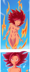 Rule 34 | 10s, 1girl, breasts, caulifla, dragon ball, dragon ball super, female focus, highres, looking at viewer, nude, pussy, red eyes, red hair, smile, solo, spiked hair, super saiyan, super saiyan god, uncensored