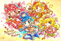 Rule 34 | &gt; o, 4girls, apron, arm up, back bow, basket, big hair, blonde hair, blue bow, blue eyes, blue footwear, blue hair, blue neckerchief, blue pantyhose, boots, bow, bow apron, bowtie, brooch, bubble, bun cover, chibi, closed mouth, clover print, collar, collarbone, collared vest, commentary request, cone hair bun, copyright name, crown, cure finale, cure precious, cure spicy, cure yum-yum, delicious party precure, double bun, dress, earrings, elbow gloves, eyelashes, flower, food, food request, footwear bow, frilled boots, frilled footwear, frilled gloves, frilled hairband, frilled hat, frilled skirt, frills, gloves, gold earrings, green bow, green eyes, hair bow, hair bun, hair flower, hair ornament, hair ribbon, hair rings, hairband, hand on own hip, hat, hat bow, heart, heart brooch, high heel boots, high heels, highres, holding, holding basket, holding food, holding plate, jewelry, knee boots, kome-kome (precure), light blush, lolita hairband, long dress, long hair, long sleeves, looking at viewer, magical girl, mem-mem (precure), miniskirt, multiple girls, neckerchief, noodles, one eye closed, onigiri, open mouth, orange bow, orange dress, orange eyes, orange footwear, outstretched arm, pam-pam (precure), pantyhose, parfait, pink bow, pink bowtie, pink dress, pink eyes, pink hair, pink ribbon, pink sash, pink skirt, plate, pleated skirt, polka dot, polka dot dress, pom pom (clothes), ponytail, precure, puffy short sleeves, puffy sleeves, purple headwear, purple sleeves, ramen, red hairband, red headwear, ribbon, sash, shirt, short hair, short sleeves, signature, silver earrings, skirt, sleeves past elbows, smile, sparkle, sprinkles, steam, strapless, striped bow, striped bowtie, striped clothes, striped shirt, triangle, tube top, two-tone headwear, vertical-striped clothes, vertical-striped shirt, very long hair, vest, waist apron, white apron, white bow, white collar, white dress, white flower, white footwear, white gloves, white headdress, white sleeves, white vest, yamato koara, yellow background, yellow bow, yellow bowtie, yellow headwear, yellow skirt, yellow tube top