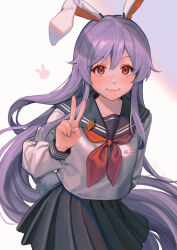 Rule 34 | 1girl, :3, alternate costume, animal ears, arm behind back, black skirt, carrot pin, closed mouth, collared shirt, commentary request, cowboy shot, hand up, highres, long hair, long sleeves, looking at viewer, neckerchief, noriuma, pleated skirt, purple hair, rabbit ears, rabbit girl, rabbit tail, red eyes, red neckerchief, reisen udongein inaba, sailor collar, school uniform, shirt, simple background, skirt, smile, solo, tail, touhou, v, very long hair, white background, white shirt