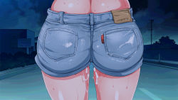 Rule 34 | 1girl, aftersex, ass, ass focus, cloud, cowboy shot, cum, cum in pussy, cumdrip, denim, denim shorts, engawa suguru, female focus, from behind, head out of frame, highres, house, legs, night, original, outdoors, pocket, pussy juice, pussy juice trail, road, roshutsudo no takai hitchhike gal wo..., short shorts, shorts, sky, solo, street, thighs, tree, wet