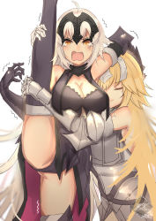 Rule 34 | 2girls, armor, armored dress, blonde hair, blush, breasts, closed eyes, elbow gloves, fate/apocrypha, fate/grand order, fate (series), faulds, gloves, headpiece, highres, hug, jeanne d&#039;arc (fate), jeanne d&#039;arc (ruler) (fate), jeanne d&#039;arc (third ascension) (fate), jeanne d&#039;arc alter (avenger) (fate), jeanne d&#039;arc alter (avenger) (third ascension) (fate), jeanne d&#039;arc alter (fate), large breasts, leg lift, leg up, long hair, looking at viewer, multiple girls, open mouth, plackart, silver hair, smile, split, standing, standing on one leg, standing split, thighhighs, very long hair, weyas kayur, yellow eyes