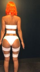 Rule 34 | 1girl, ass, bodysuit, cosplay, from behind, highres, leeloo (the fifth element), leeloo (the fifth element) (cosplay), legs, panties, photo (medium), red hair, solo, standing, tagme, the fifth element, underwear